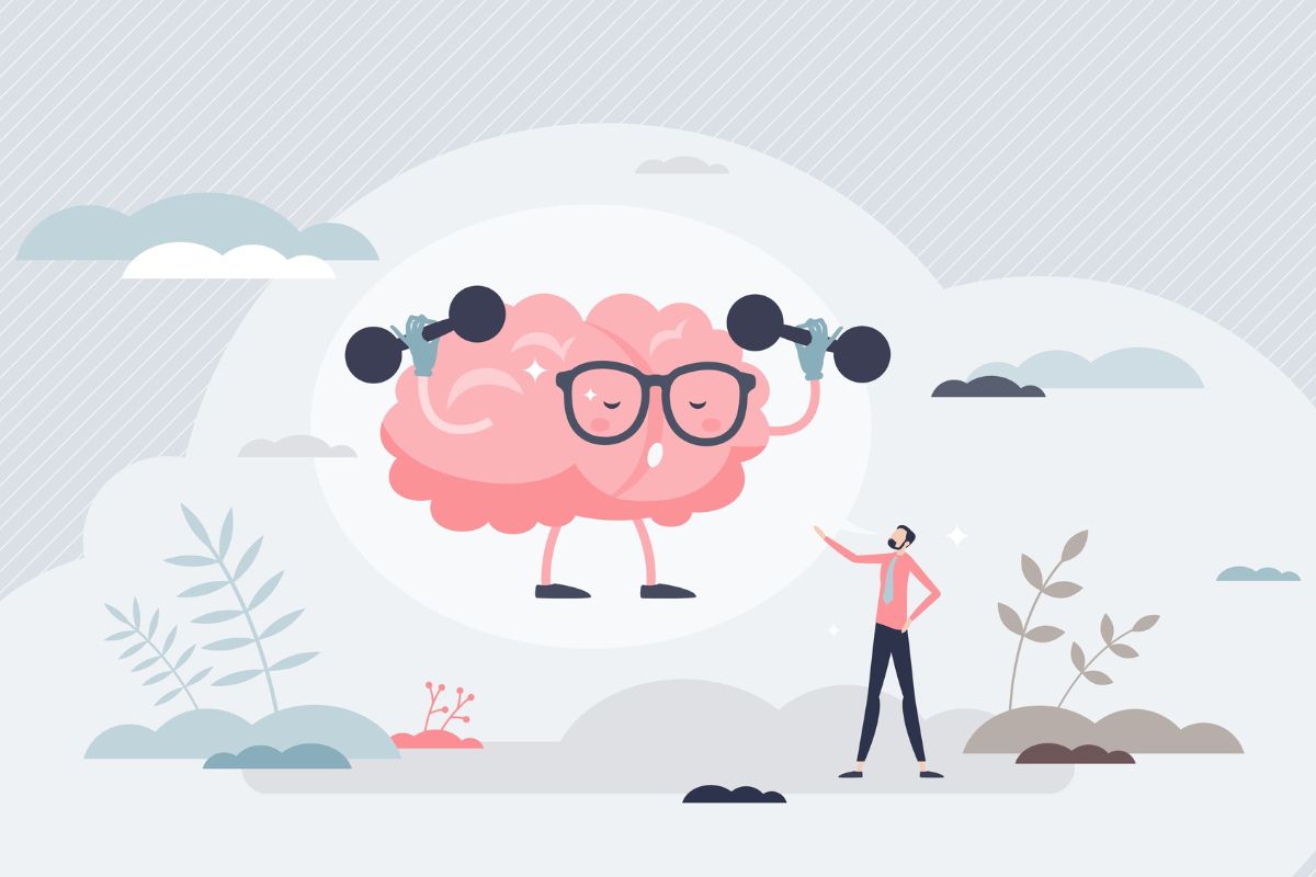Illustration eines Gehirns mit Hanteln und Brille, das von einer Person beobachtet wird – Symbolbild für das Trainieren von Selbstregulation und innerer Stärke.