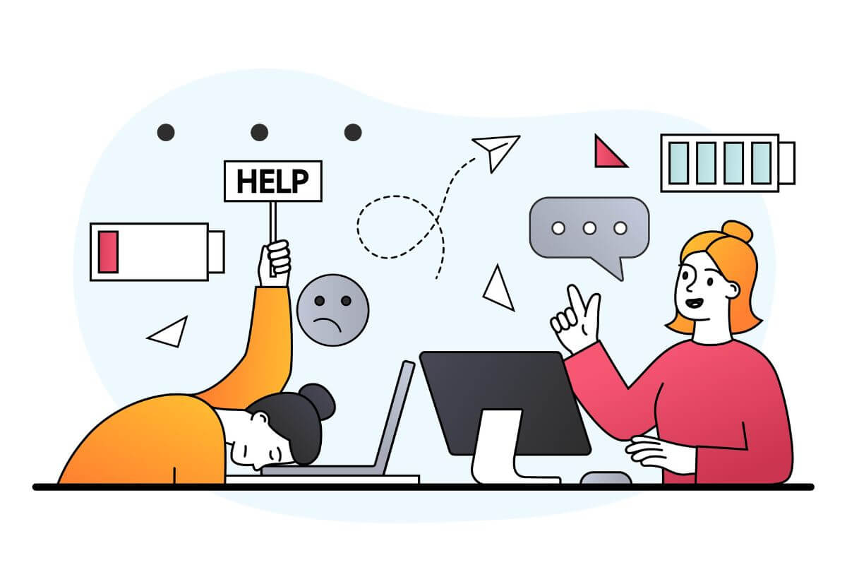 Illustration: erschöpfte Frau mit Laptop hält ein Help-Schild hoch – Symbol für Überforderung, Dauer-Funktionieren und die Suche nach Unterstützung.