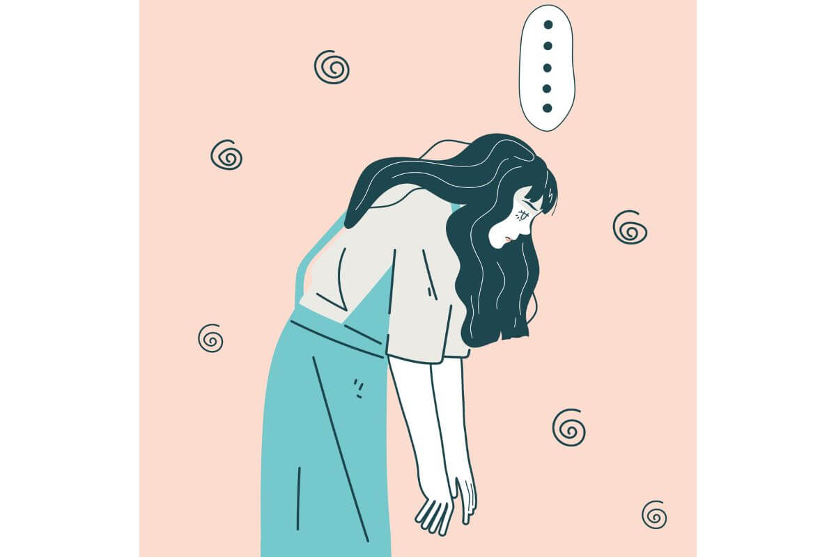 Illustration einer erschöpften Frau mit gesenktem Kopf und Spiralen – Sinnbild für Grübeln und Gedankenkarussell