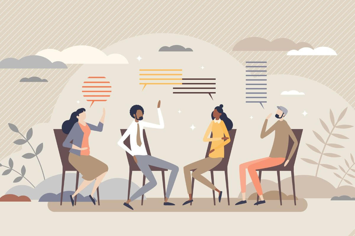 Illustration einer Gruppe in einer Gesprächssituation – Symbolbild für Gesprächstherapie und therapeutischen Austausch bei Angststörungen in Köln.