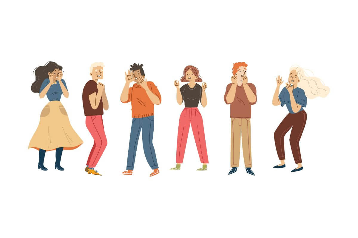 Illustration von Menschen mit typischen angstbedingten Körperreaktionen und angespannten Gesichtsausdrücken.