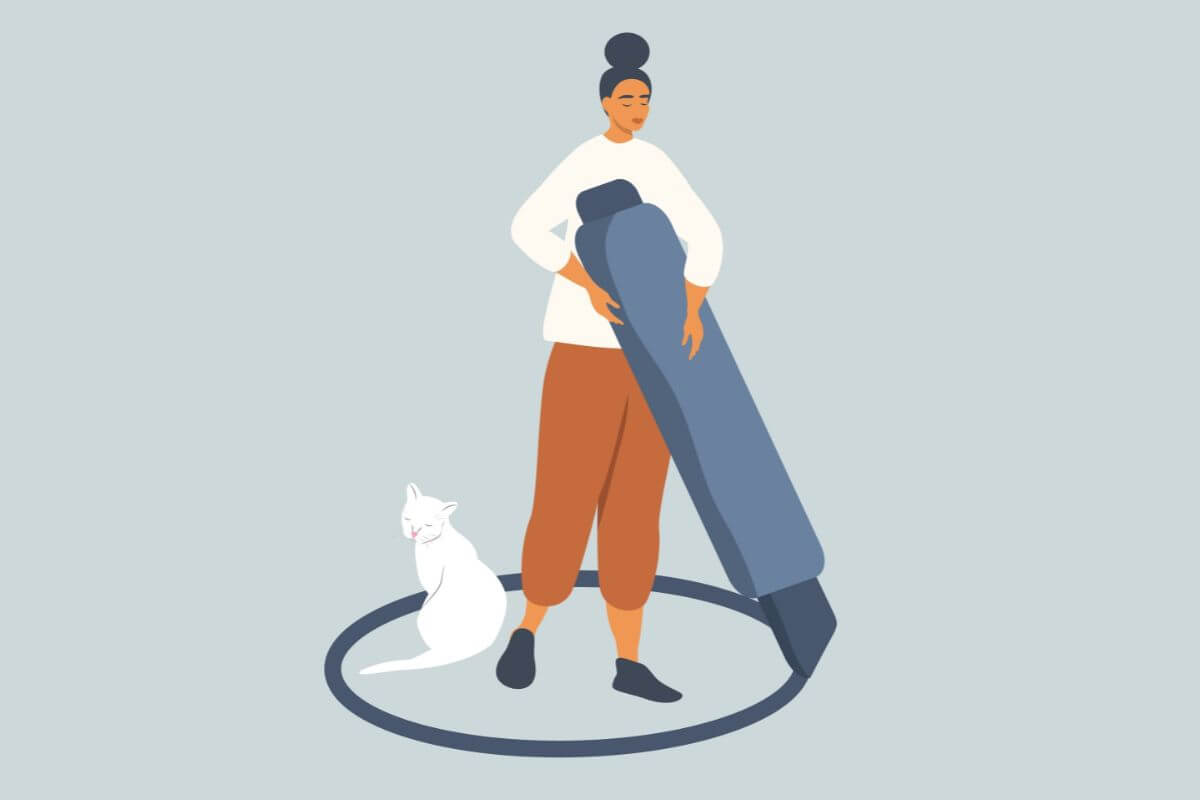 Illustration einer Frau, die mit einem großen Stift einen Kreis um sich zieht – Symbol für Abgrenzung, Komfortzone und Vermeidungsverhalten.
